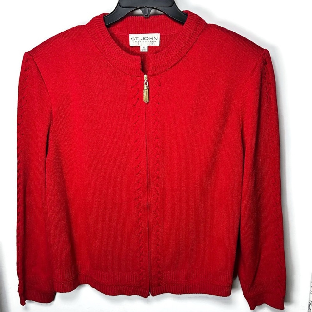 St. John Collection Red Santana Knit Zip Jacket Cardigan Gold Tassel Sz 16